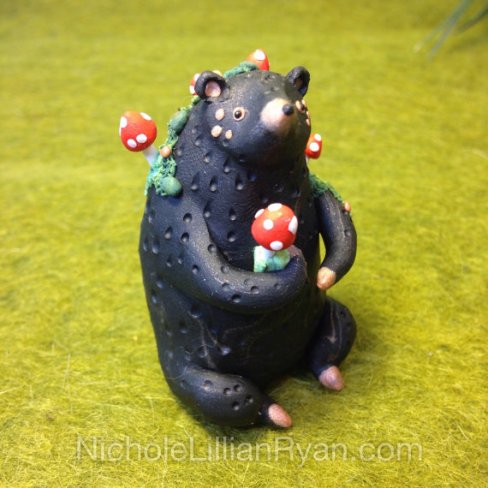 Bear figurine with mushrooms by NicholeLillianRyan