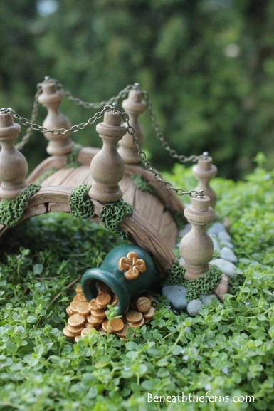 Leprechaun Irish pot of gold miniature fairy garden accessory for St. Patrick's themed fairy garden bridge