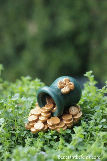 Leprechaun Irish pot of gold miniature fairy garden accessory for St. Patrick's themed fairy garden