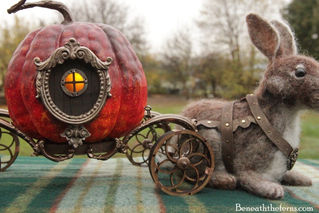 Needle felted rabbit pumpkin carriage sculpture by beneaththeferns