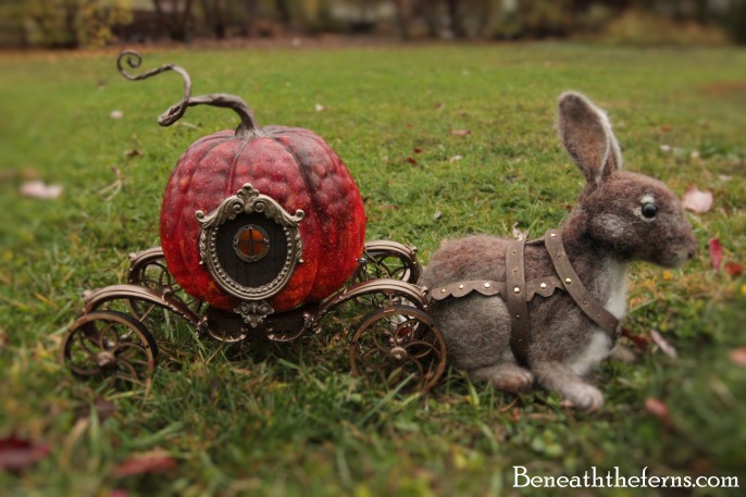 Needle felted rabbit with pumpkin carriage sculpture from Beneaththeferns